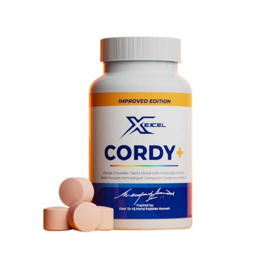 Botol Rasmi Excel Cordy+ Improved Edition 60 Tablet Kunyah Oren